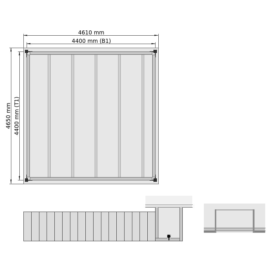 Entresolvloeren LBX 8000 rechthoek, 1 vak, B: 4.650 mm, D: 4.700 mm mm, trap: middenMetBordes, overdracht: metKettingBeveiligd