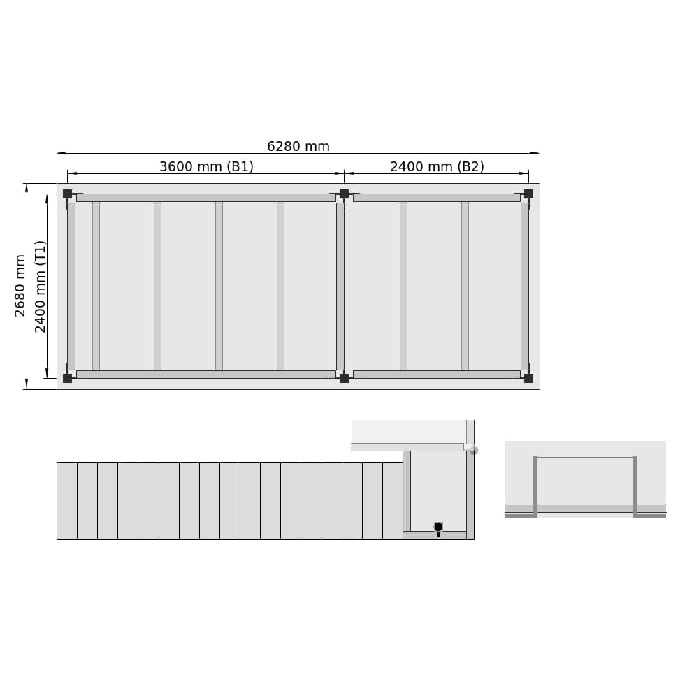 Entresolvloeren LBX 8000 rechthoek, 2 velden, B: 6.280 mm, D: 2.680 mm mm, trap: buitenMetPlatform, overdracht: metKettingBeveiligd