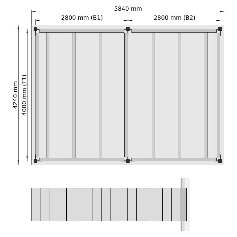 Entresolvloeren LBX 8000 rechthoek, 2 velden, B: 5.840 mm, D: 4.240 mm mm, trap: buitenMetBordes, overdracht: zonder