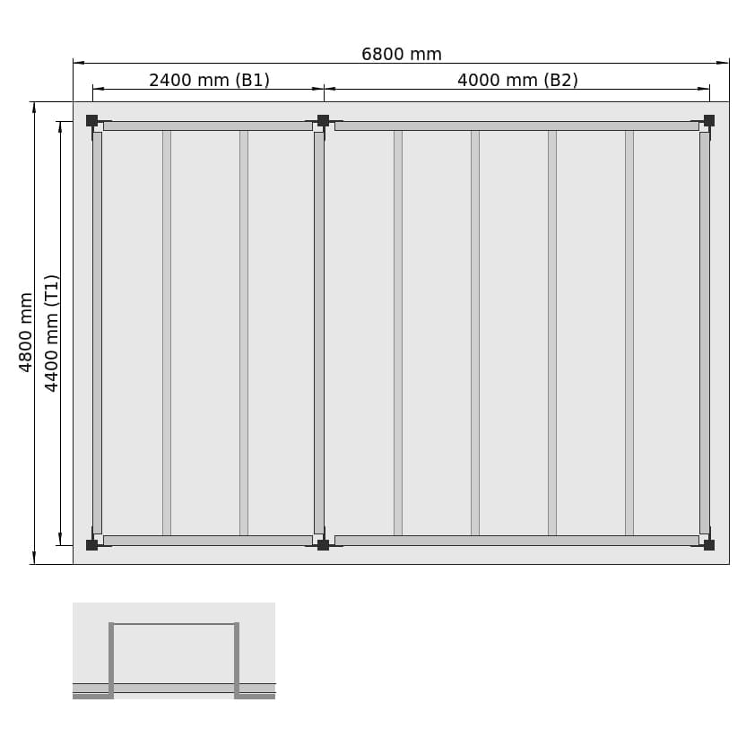 Entresolvloeren LBX 8000 rechthoek, 2 velden, B: 6.800 mm, D: 4.800 mm mm, trap: zonder, overdracht: met ketting beveiligd