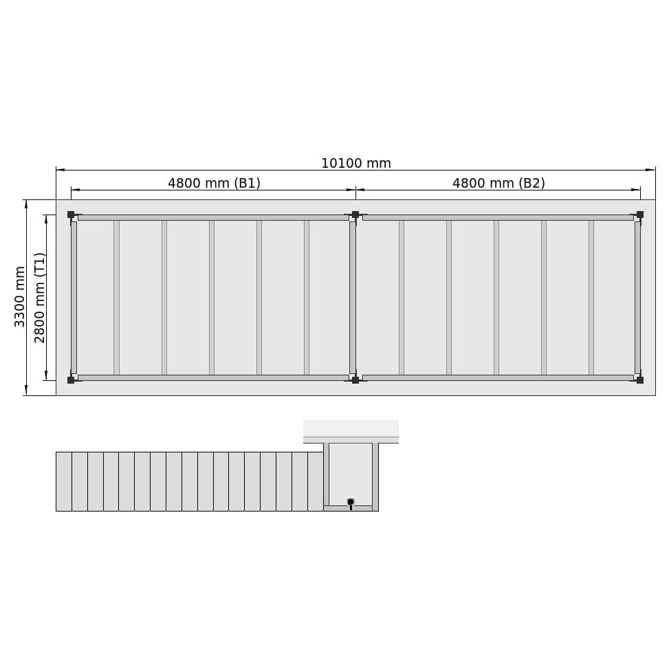 Entresolvloeren LBX 8000 rechthoek, 2 velden, B: 10.100 mm, D: 3.300 mm mm, trap: middenMetBordes, overdracht: zonder