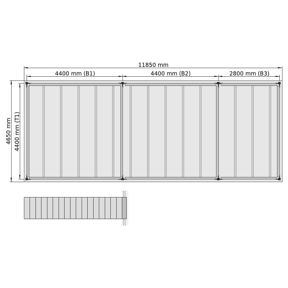Entresolvloeren LBX 8000 rechthoek, 3 velden, B: 11.850 mm, D: 3.850 mm mm, trap: voorgezet, overdracht: zonder