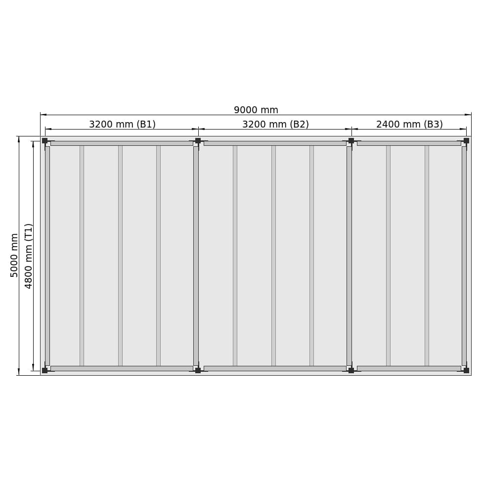 Entresolvloeren LBX 8000 rechthoek, 3 velden, B: 9.000 mm, D: 5.000 mm mm, trap: zonder, overdracht: zonder