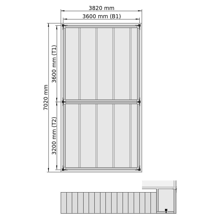 Entresolvloeren LBX 8000 rechthoek, 2 velden achter elkaar, B: 3.820 mm, D: 8.200 mm mm, trap: buitenMetBordes, overdracht: zonder