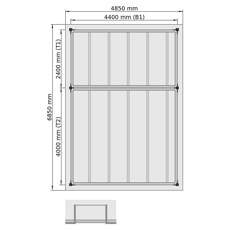 Entresolvloeren LBX 8000 rechthoek, 2 velden achter elkaar, B: 2.850 mm, D: 7.650 mm mm, trap: zonder, overdracht: met ketting beveiligd