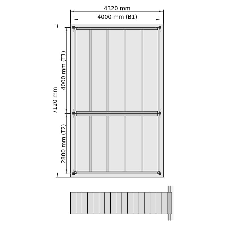 Entresolvloeren LBX 8000 rechthoek, 2 velden achter elkaar, B: 4.320 mm, D: 7.120 mm mm, trap: voorgezet, overdracht: zonder