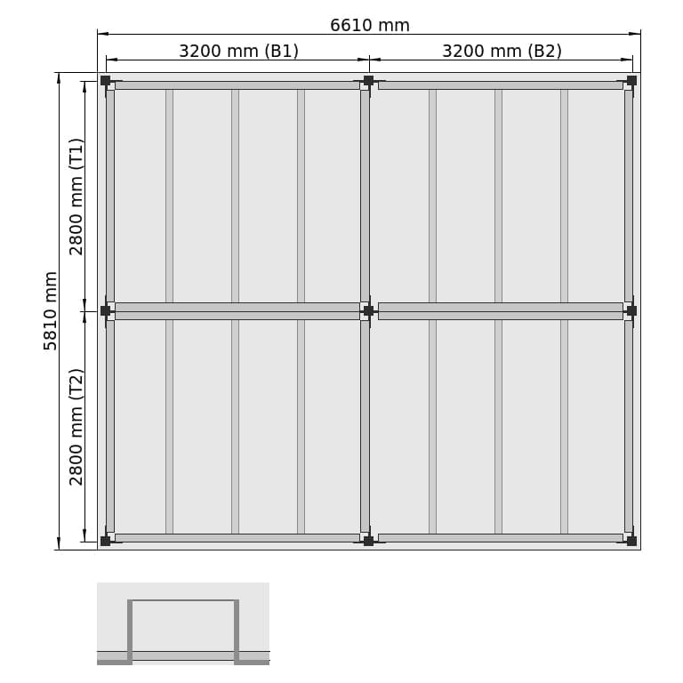 Entresolvloeren LBX 8000 rechthoek, 4 velden, B: 6.610 mm, D: 5.810 mm mm, trap: zonder, overdracht: metKettingBeveiligd