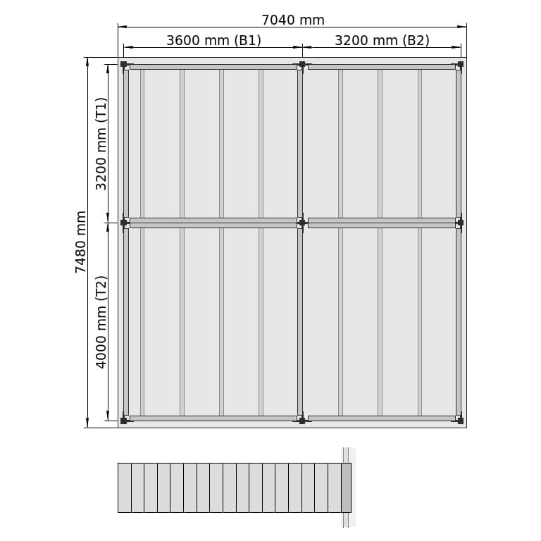 Entresolvloeren LBX 8000 rechthoek, 4 velden, B: 7.040 mm, D: 7.480 mm mm, Trap: voorgesteld, Overdracht: zonder