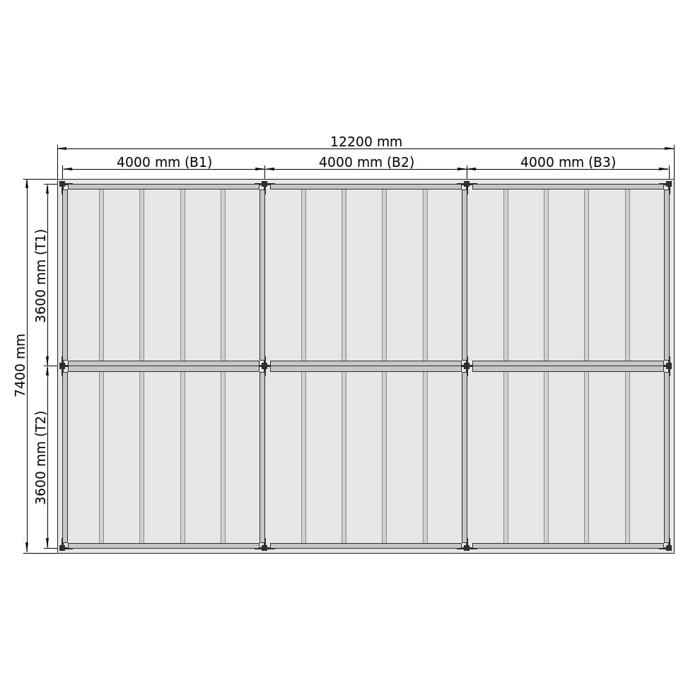 Entresolvloeren LBX 8000 rechthoek, 6 velden, B: 12.200 mm, D: 7.400 mm mm, trap: zonder, overdracht: zonder