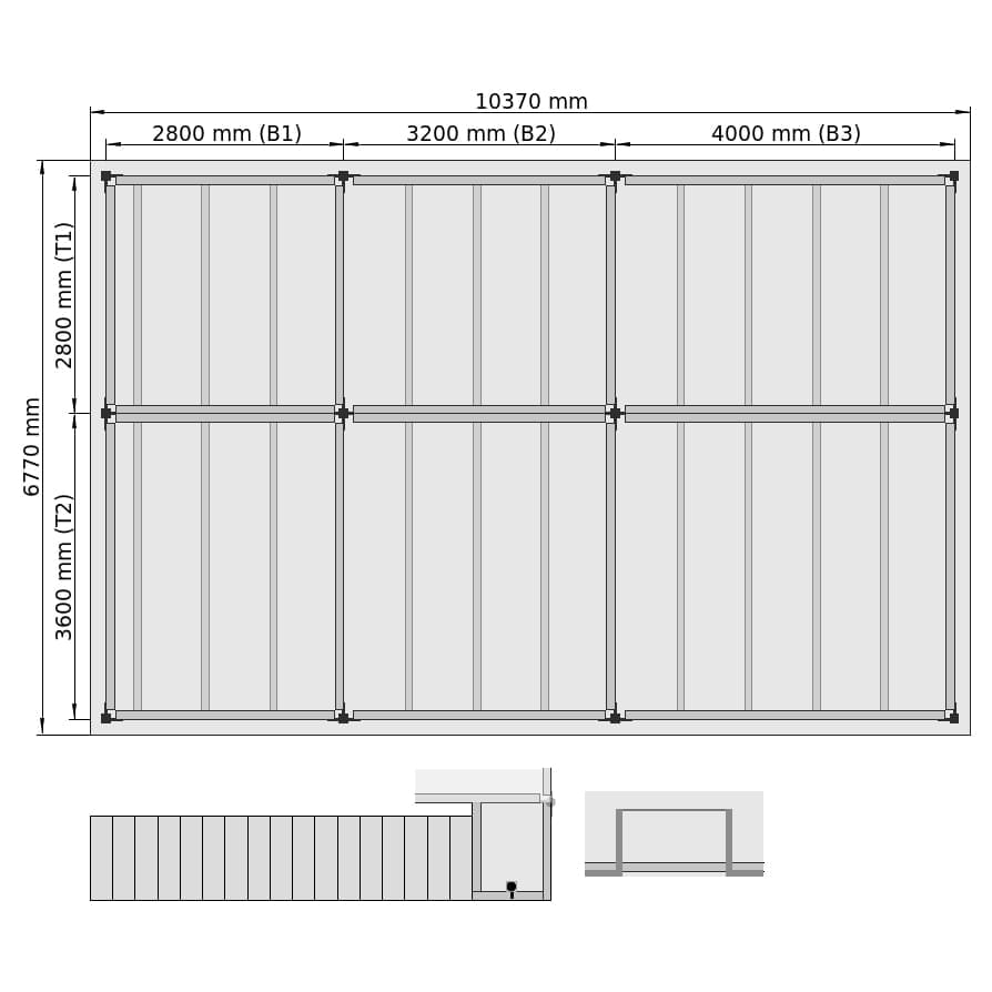 Entresolvloeren LBX 8000 rechthoek, 6 velden, B: 10.370 mm, D: 6.770 mm mm, trap: buitenMetPodest, overdracht: metKettingBeveiligd