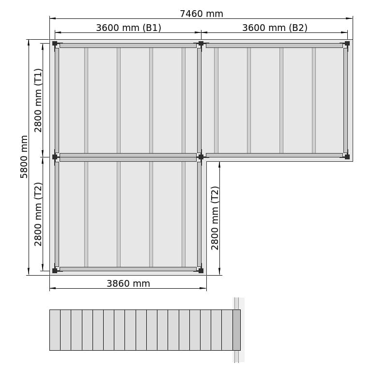 Entresolvloeren LBX 8000 L-vorm links, 3 velden, B: 7.460 mm, D: 5.800 mm mm, trap: voorgezet, overdracht: zonder