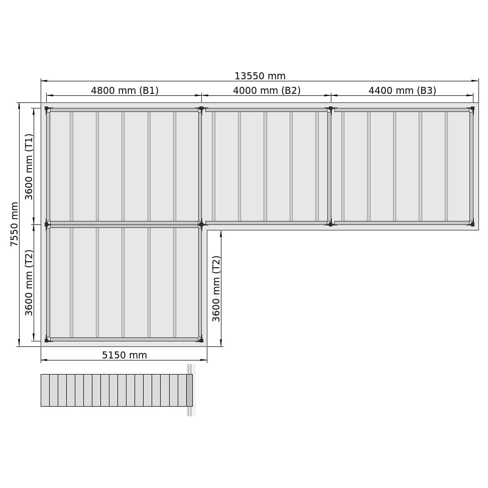 Entresolvloeren LBX 8000 L-vorm links, 4 velden, B: 13.550 mm, D: 7.550 mm mm, trap: voorgezet, overdracht: zonder