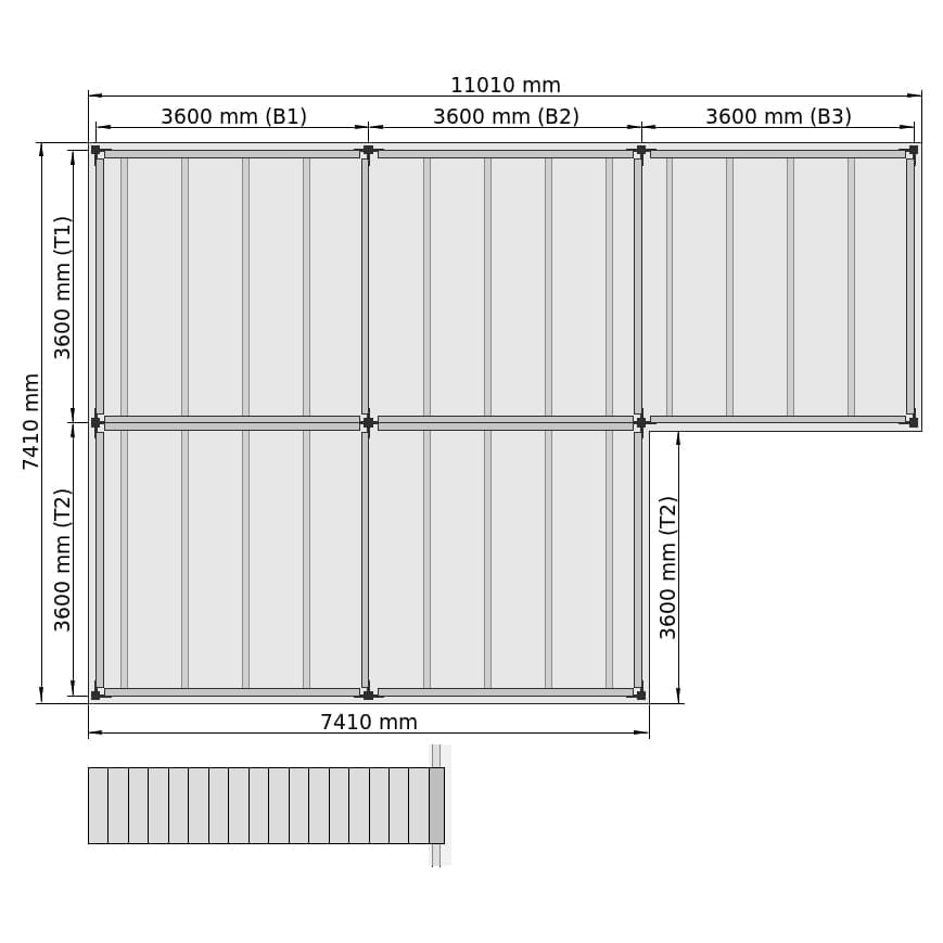 Entresolvloeren LBX 8000 L-vorm links, 5 velden, B: 11.010 mm, D: 7.410 mm mm, trap: voorgezet, overdracht: zonder