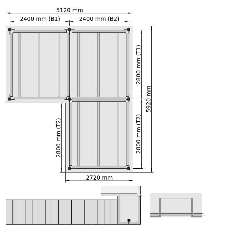 Entresolvloeren LBX 8000 L-vorm rechts, 3 velden, B: 5.520 mm, D: 5.920 mm mm, Trap: buitenMetPlatform, Overgave: metKettingBeveiligd