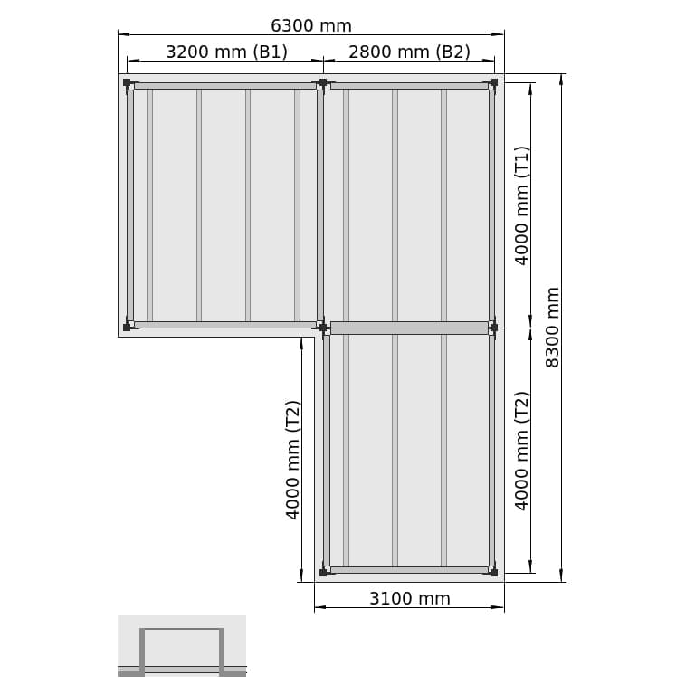 Entresolvloeren LBX 8000 L-vorm rechts, 3 velden, B: 6.300 mm, D: 8.300 mm mm, trap: zonder, overdracht: met ketting beveiligd