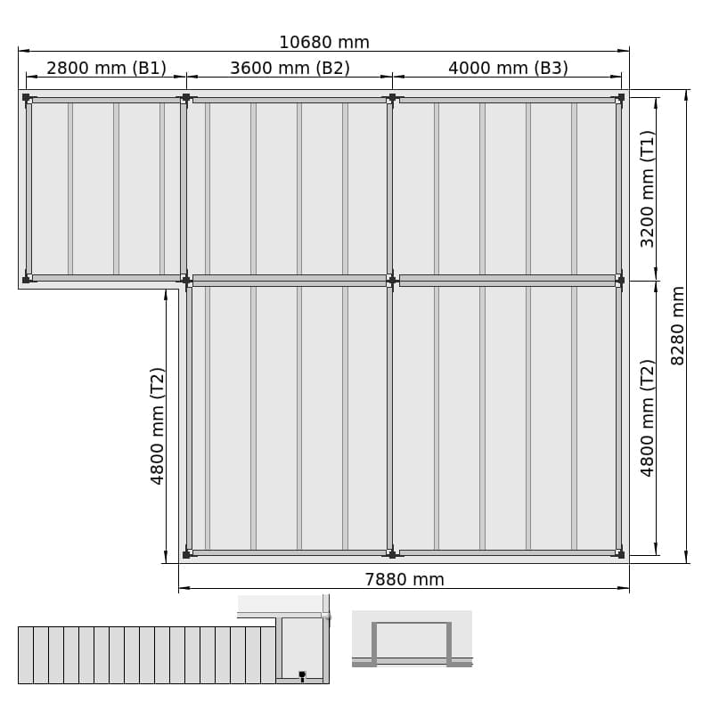 Entresolvloeren LBX 8000 L-vorm rechts, 5 velden, B: 10.680 mm, D: 8.280 mm mm, Trap: buitenMetPlatform, Overdracht: metKettingBeveiligd