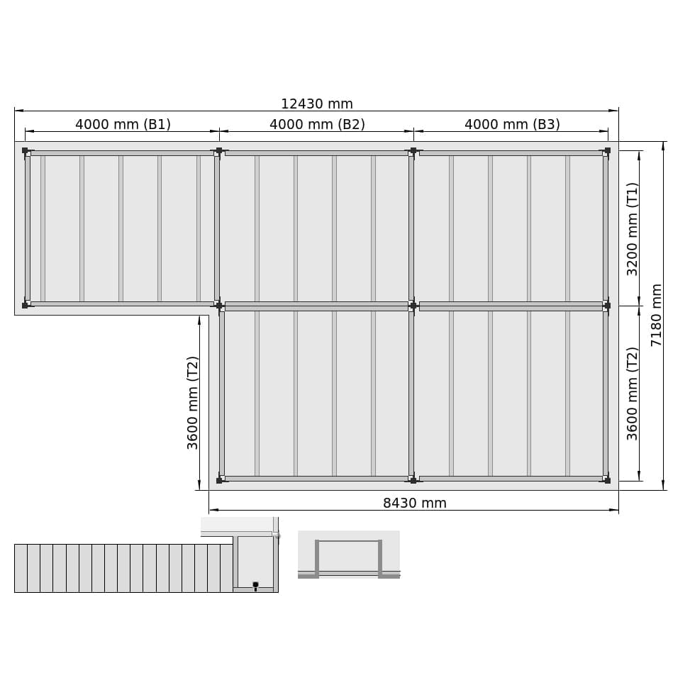 Entresolvloeren LBX 8000 L-vorm rechts, 5 velden, B: 12.430 mm, D: 7.180 mm mm, trap: buitenMetPlatform, overdracht: metKettingBeveiligd