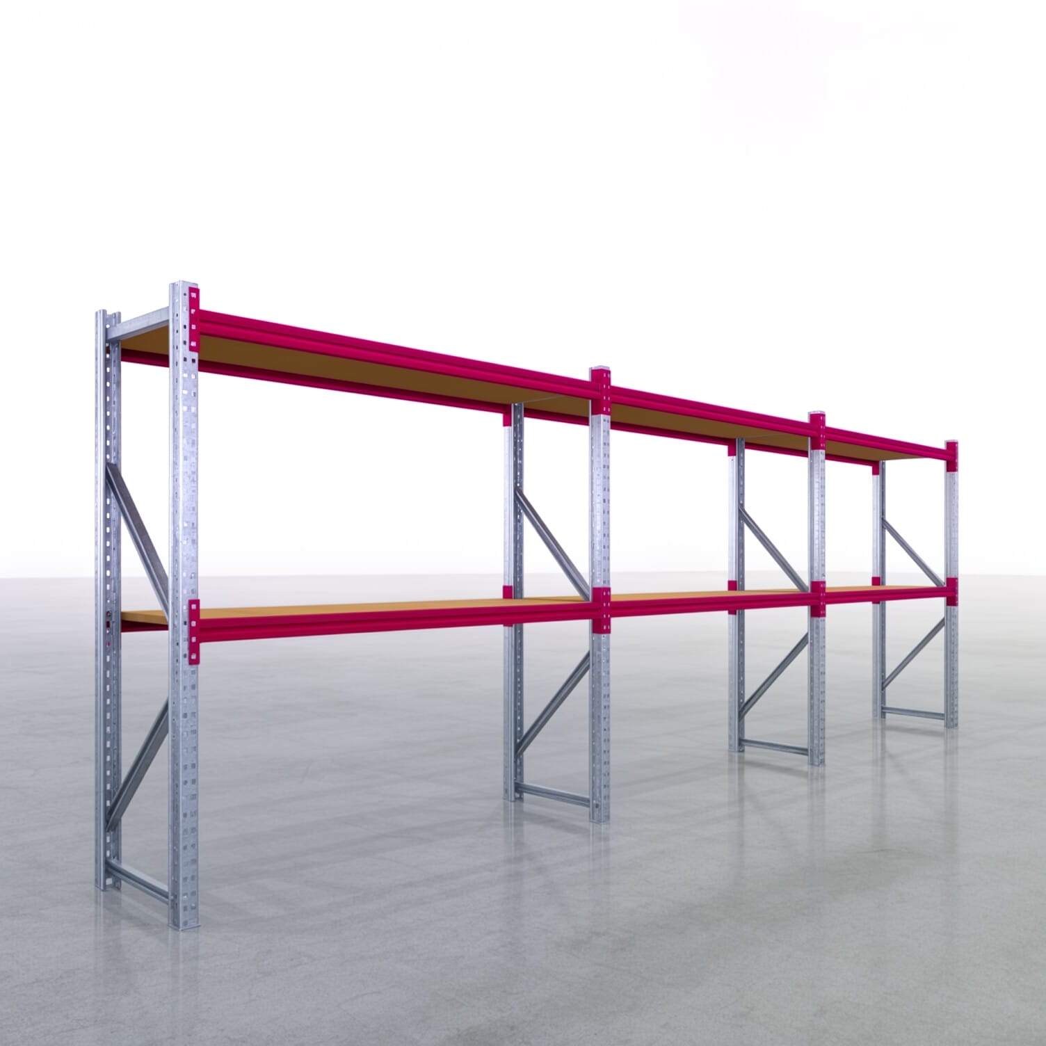 Magazijnstellingen WSX 5000, H: 2.000 mm, B: 6.233 mm mm, D: 600 mm, Niveaus: 3, Vakbreedte: 2.000 mm, Oplegging: spaanplaat