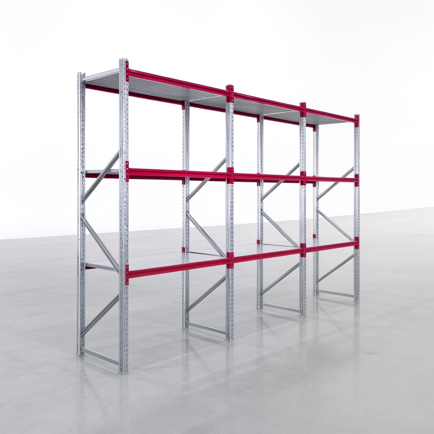 Rayonnages de stockage WSX 5000, H : 3.000 mm, L : 4.748 mm mm, P : 800 mm, Niveaux : 4, Largeur de tablette : 1.500 mm, Support : fond en acier